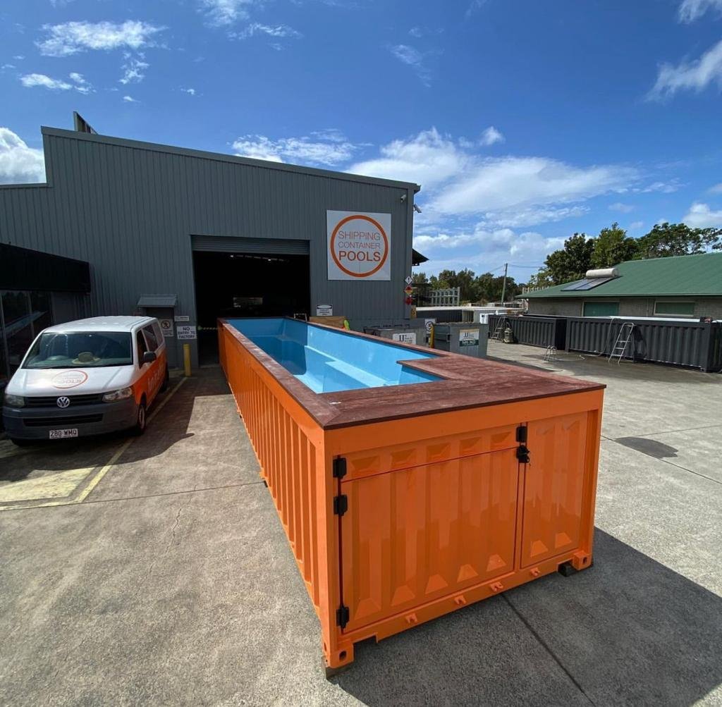 Orange 40ft Shipping Container Pool – Modern Modular Pool, Durable Corten Steel Construction, Ready-to-Use Design